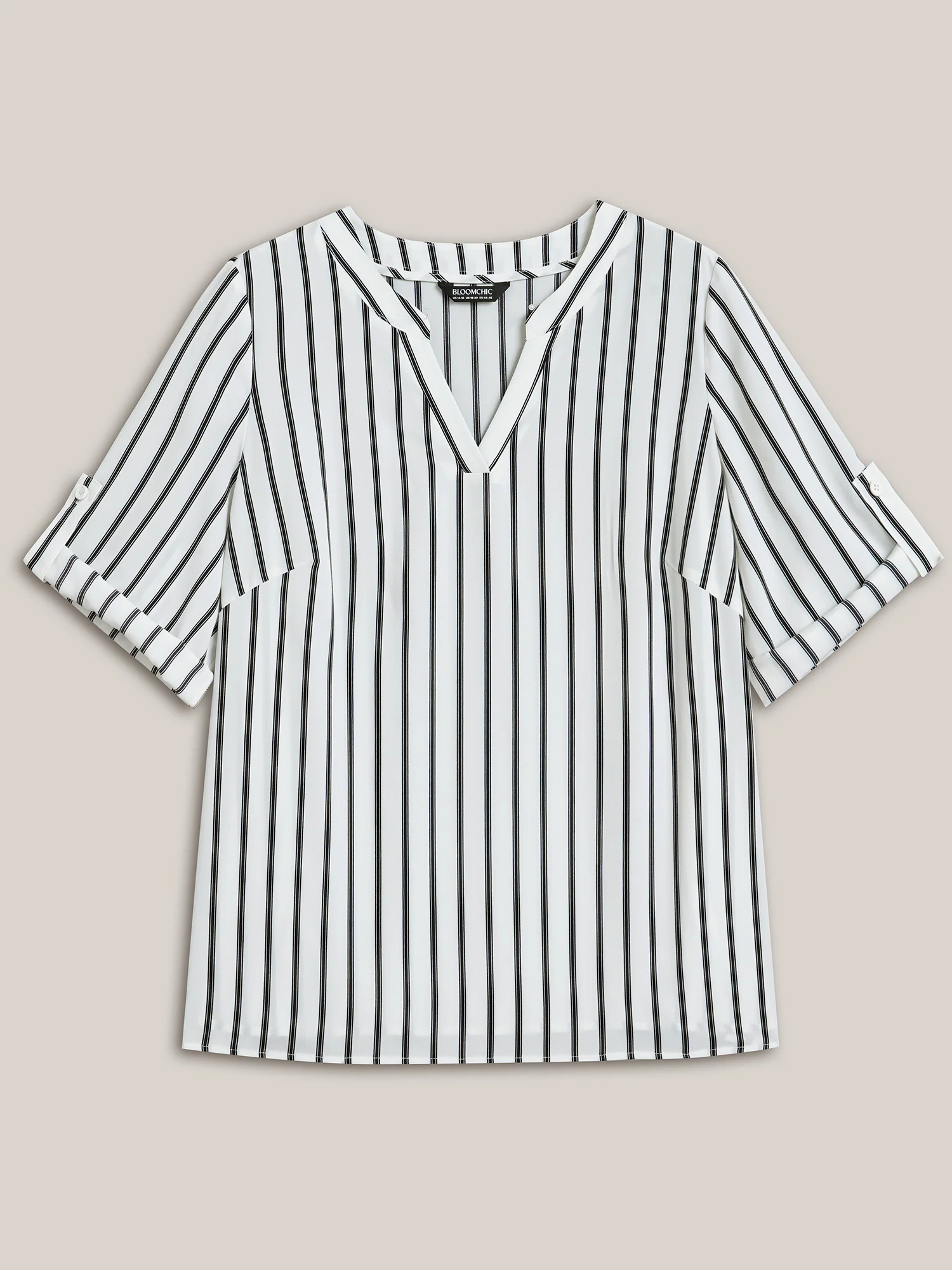 Notched Collar Striped Tab Sleeve Shirt