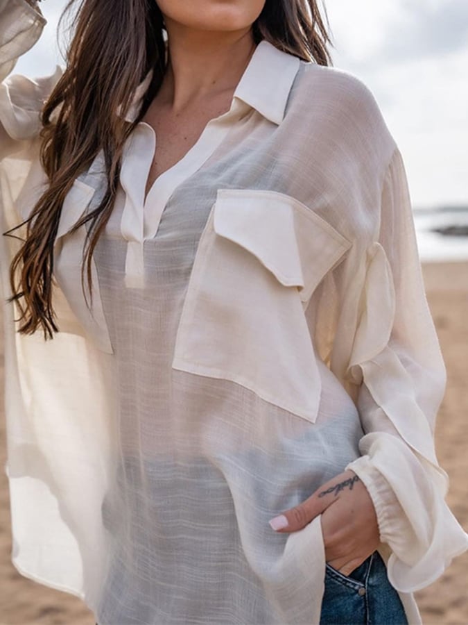 Women's Solid Color V-Neck Ruffled Sleeve Design Casual Cotton And Linen Shirt