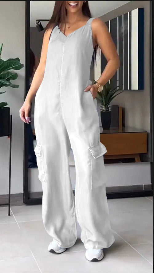 European and American Style V-Neck Jumpsuit with Thin Jeans Fabric and Pockets