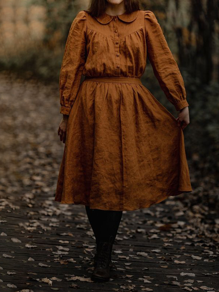 Vintage Button Doll Collar Comfy Midi Dress