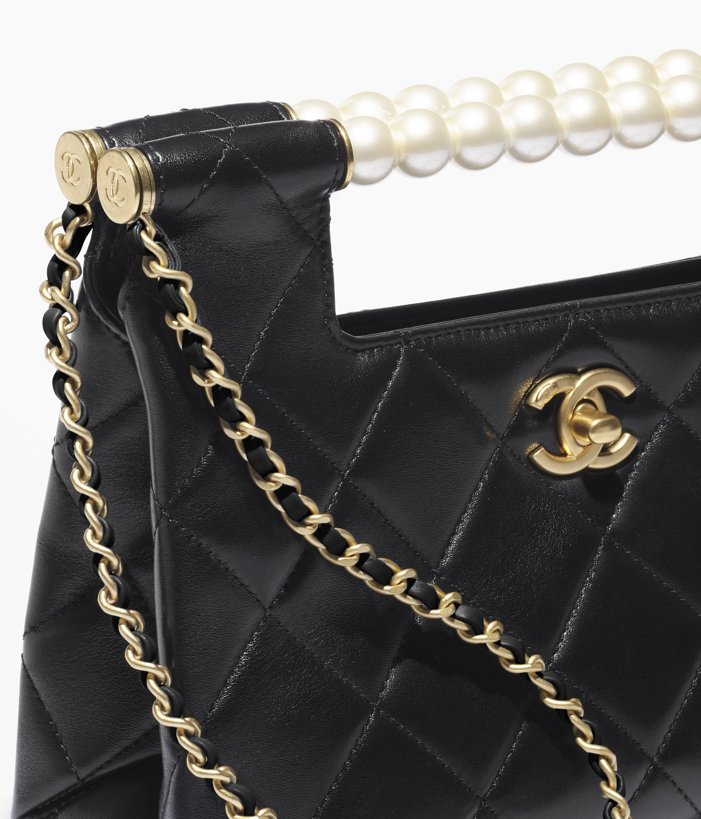 Chanel Small Shopping Bag Shiny Lambskin, Imitation Pearls & Gold-Tone Metal Black AS5413-B19658-94305