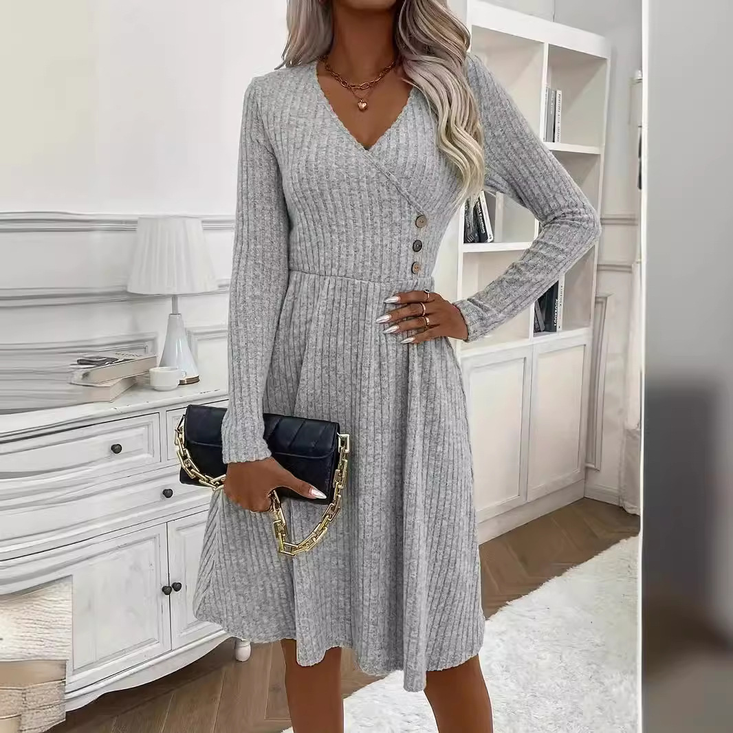 Autumn and winter fashion temperament solid color v-neck stitching sweater dress