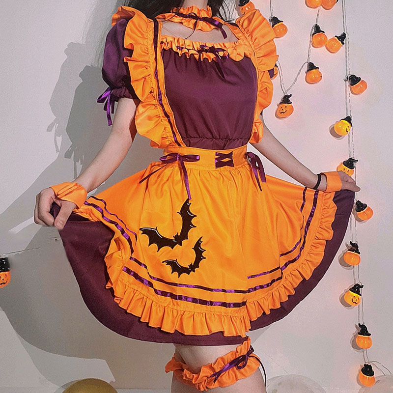 Cosplay Bat Embroidery Lace Up Ruffled Maid Dress