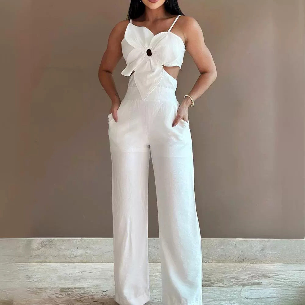 White Sling One-Piece Trousers with Three-Dimensional Flower Design for Women