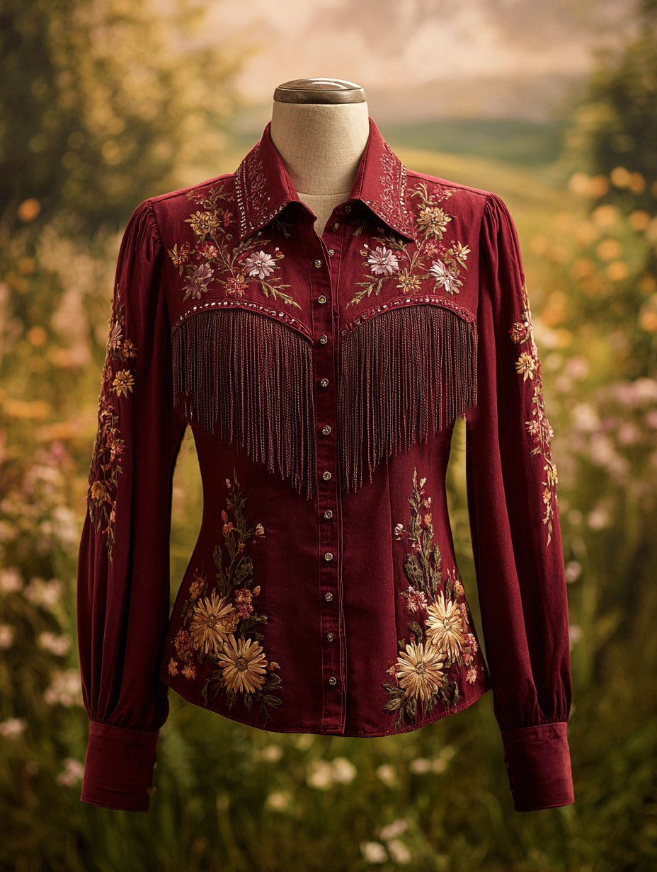 Women's Western Vintage Tassel Floral Print Western Long Sleeve Shirt
