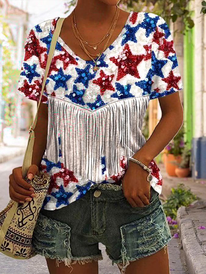 Women's American Flag Stars Glitter Sequin Tassel Print T-Shirt