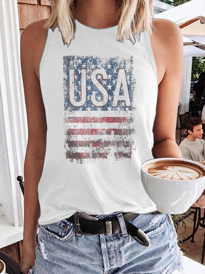 Retro Independence Day Flag USA Print Tank Top