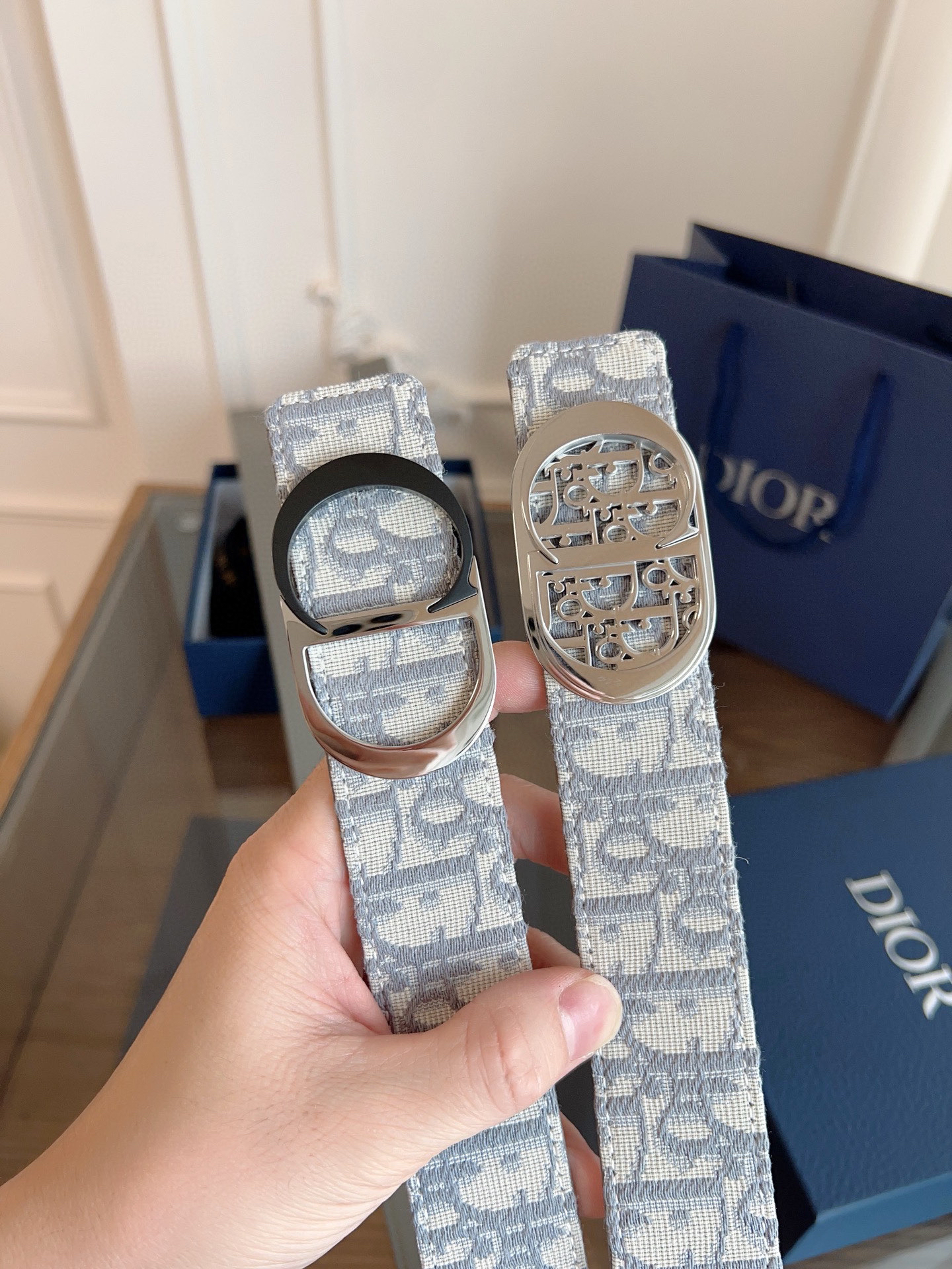 Dior Oblique Grey Cloth Grey Cowhide Leather Strap 3.5cm Wide