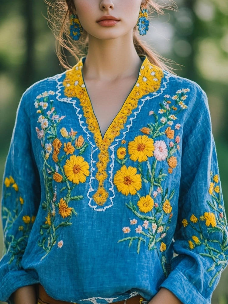 Vintage Floral Embroidered Linen Blend Cozy Tunic