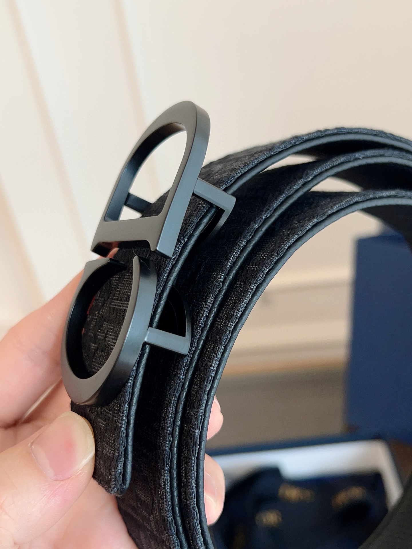 Dior Oblique black cloth and black cowhide belt width 3.5cm