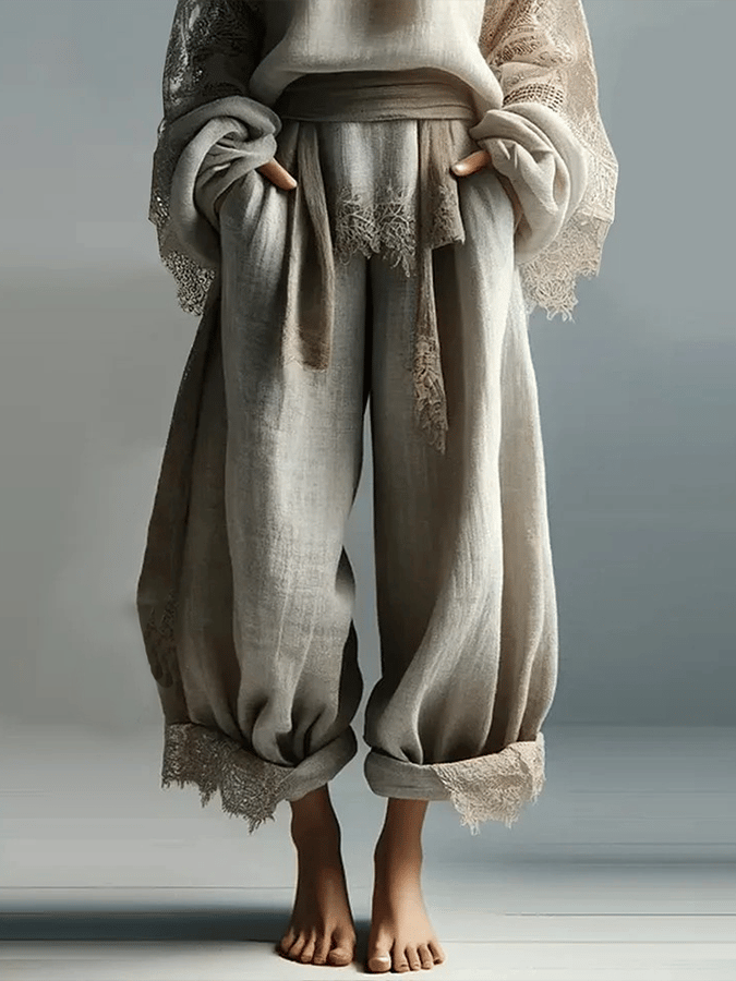 Women's Drawstring Pocket Lace Patchwork Wide Leg Pants