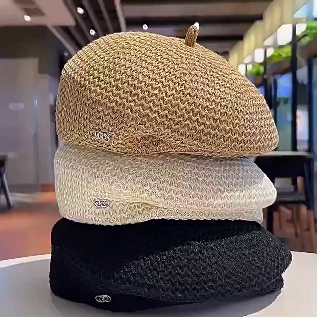 New Japanese styling hollowed out beret ladies temperament small breathable thin mesh painter hat black hat