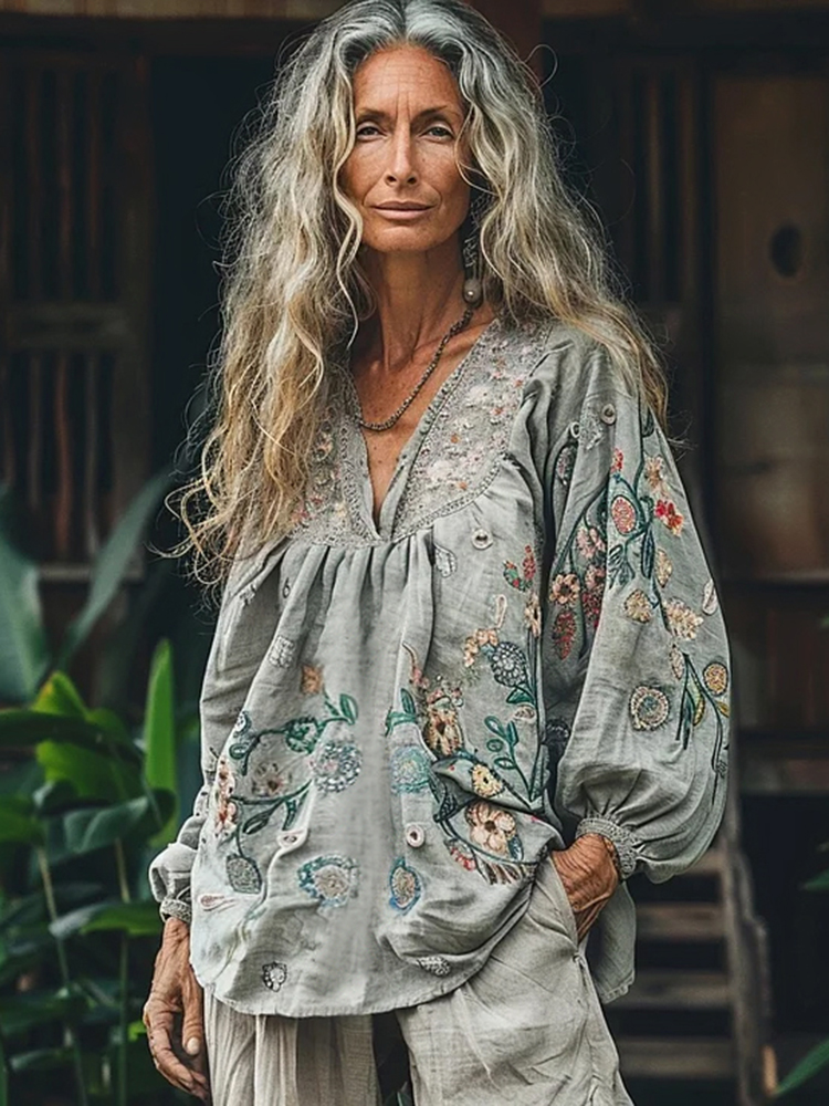 Bohemian Floral Linen Art Print Long Sleeve V-neck Shirt