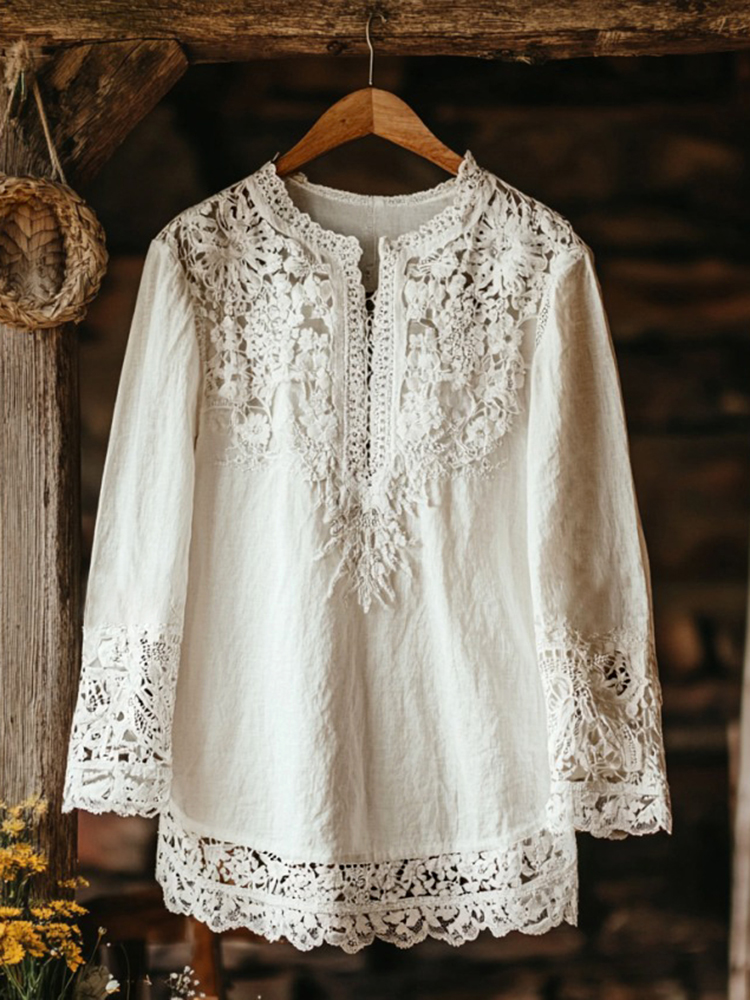 Elegant Lace Embroidery Tassel Art Long Sleeve V-neck Shirt