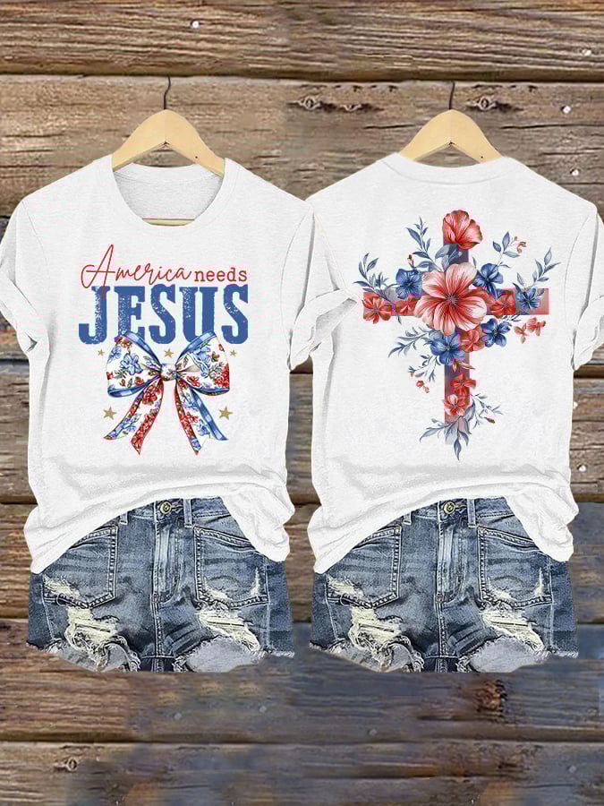 Women's Independence Day Faith Family Freedom Print Short Sleeve T-Shirt