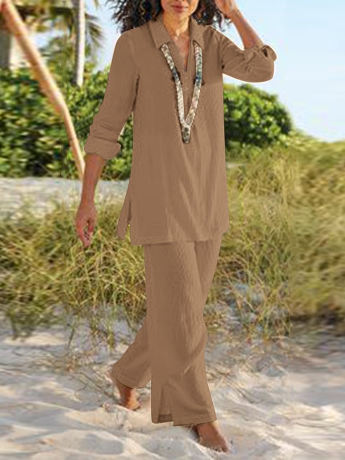 Women's Casual Cotton And Linen Two-piece Suit