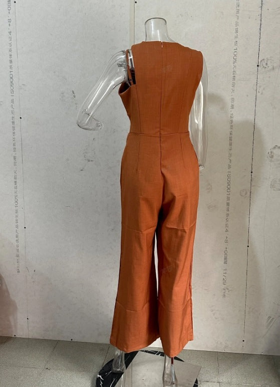 Round-Neck Hollow Out Wide Leg Jumpsuit with High Waist, Solid Color: Fashionable
