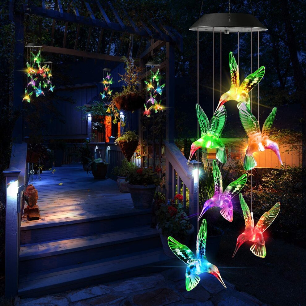 🐦🐦Solar Outdoor Hummingbird Wind Chime Color Changing Hanging Garden Terrace Decoration