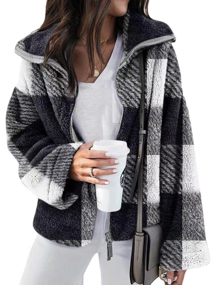 Plus Size Autumn Winter Dried Shrimp Double Sided Plush Plaid Coat Women Clothing
