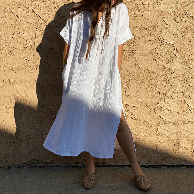 Vintage Plain V Neck Split Short Sleeve Maxi Dress