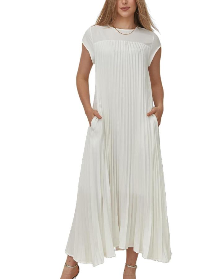 ON SALE🔥Women Summer Pleated Maxi Dress Casual Short Sleeve Long Dress with Pockets