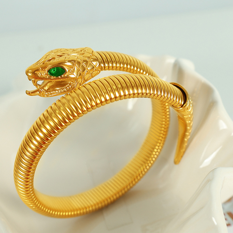 🌲Early Christmas Sale 49% OFF🌲Titanium Steel Cobra Stretch Bracelet – Bold Snake Design with Green Stone Accents