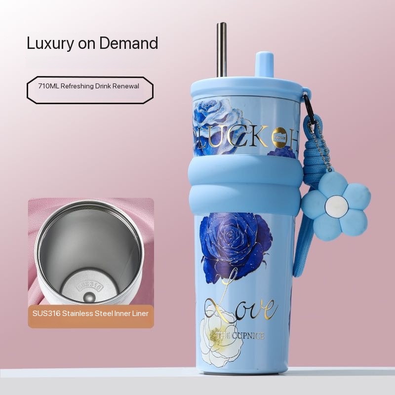 Floral pattern insulated water bottle, large capacity, stainless steel straw cup, perfect for use in the car or office.