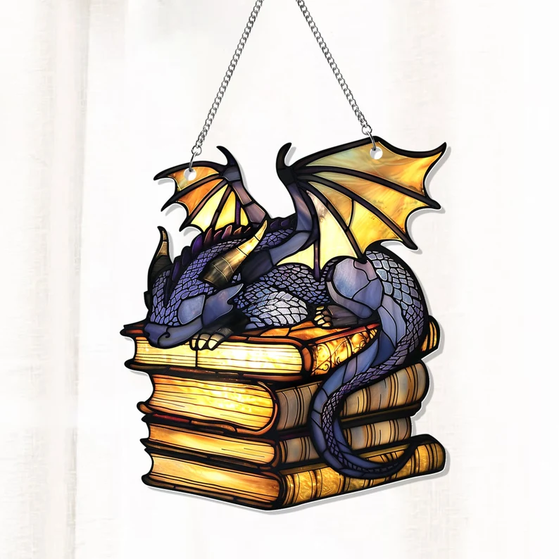 Book Dragon Suncatcher Ornament, Fantasy Dragon Acrylic Window Hanging
