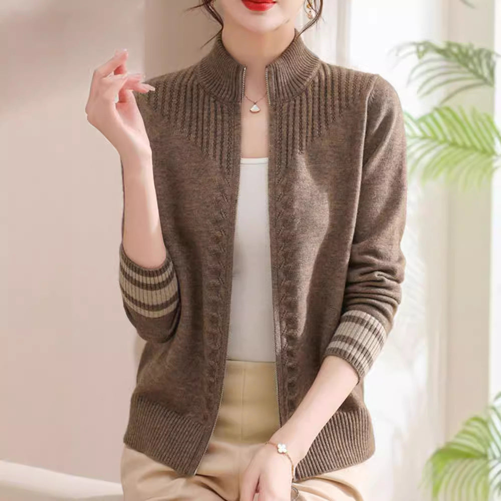 Women's Stand Collar Wool Cardigan Coat with Zipper