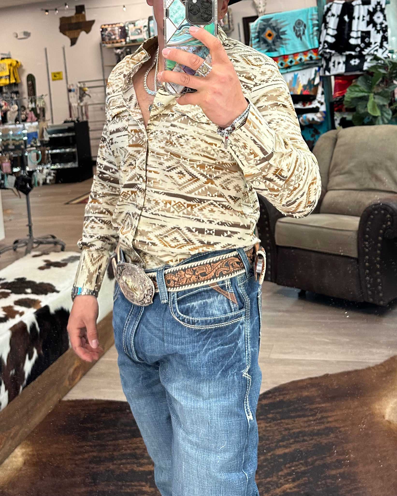 Men's Casual Retro Western Cowboy Stripe Long Sleeve Shirt