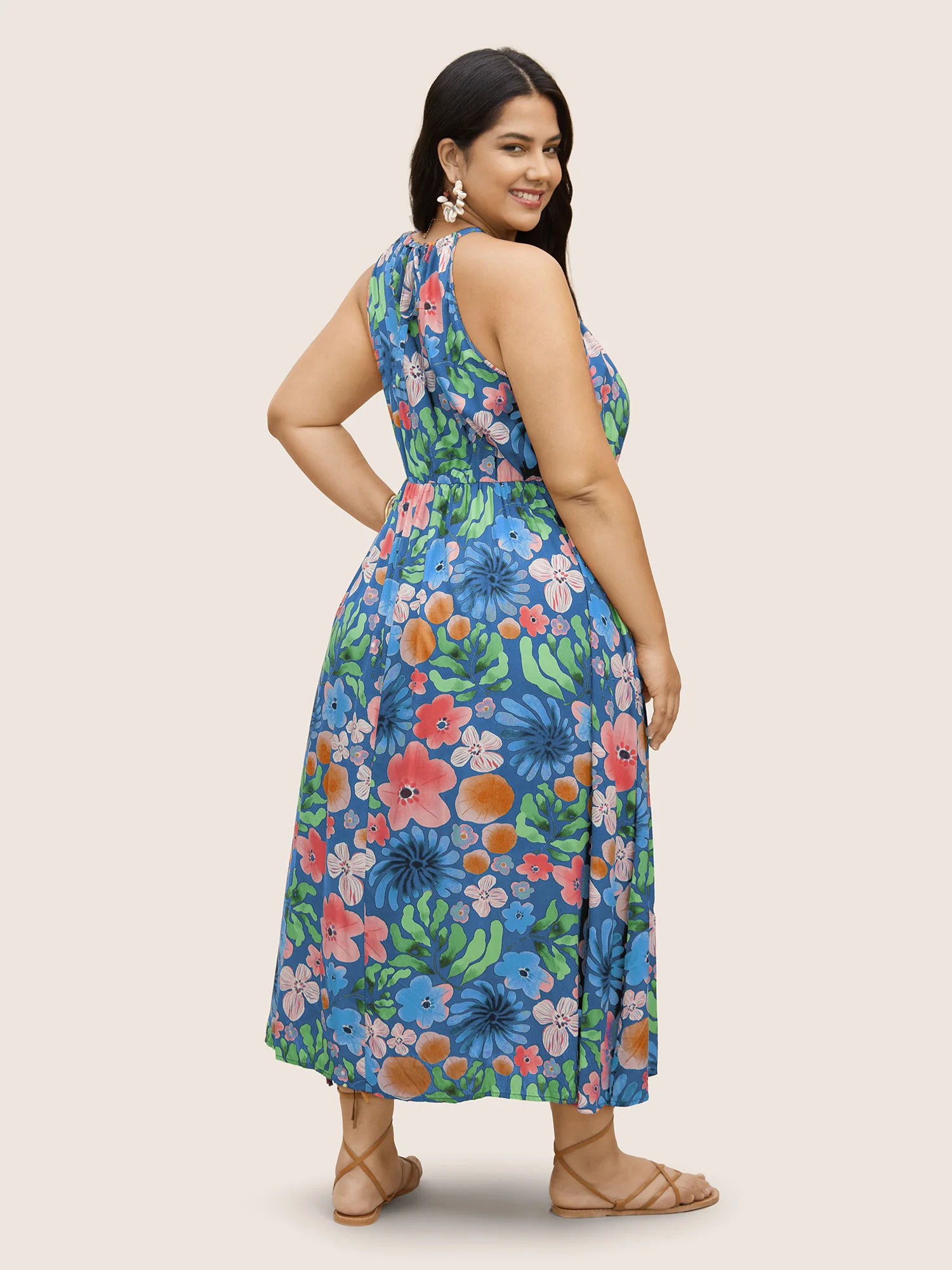 Floral Printed Patchwork Side Seam Pocket Dress