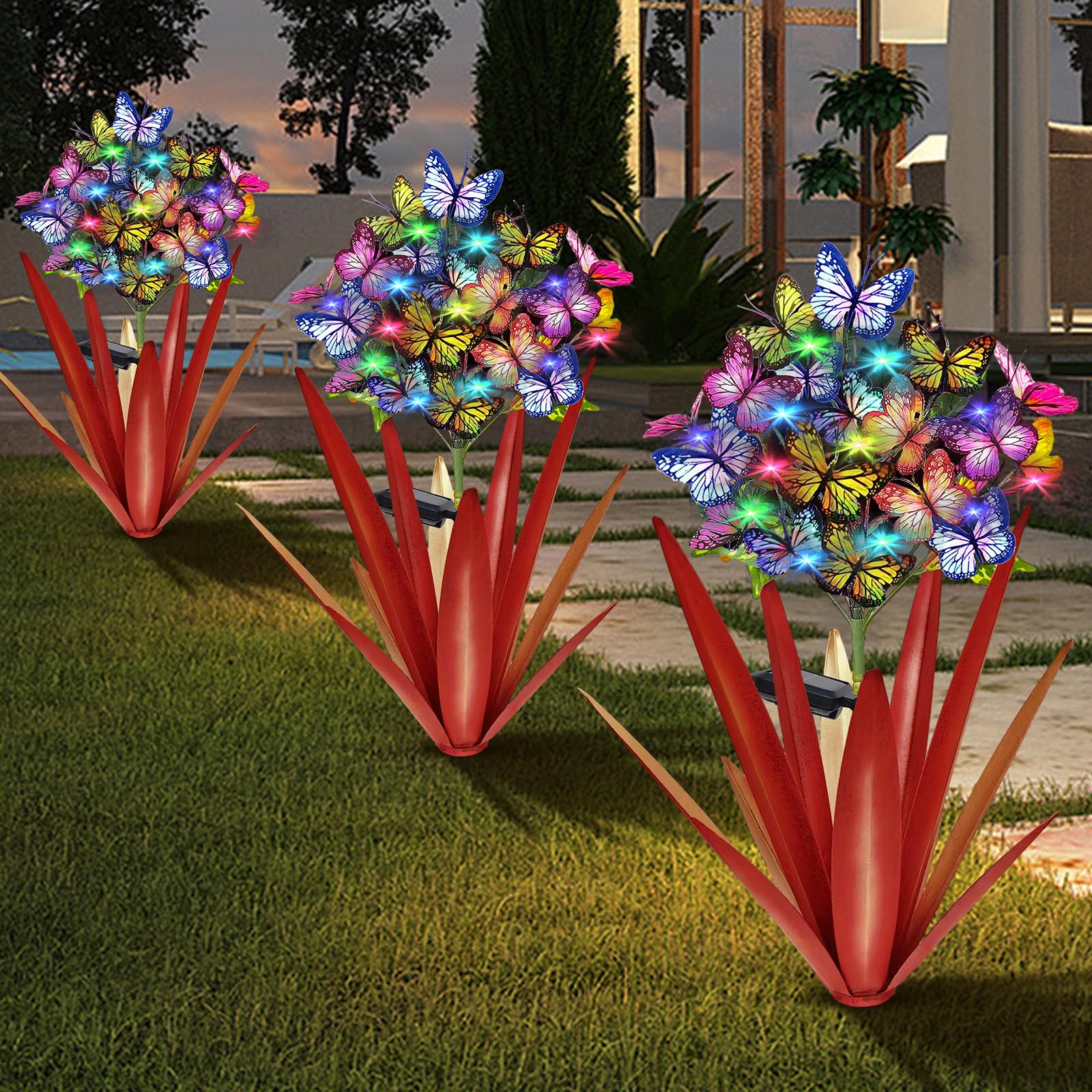 🦋✨ Solar Power Metal Agave Butterfly Flower Fairy Lights 🌵