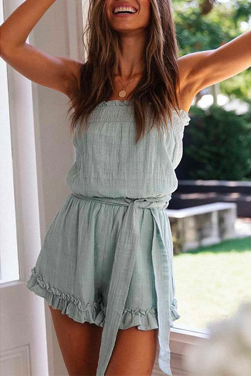 Heididress Off Shoulder Sleeveless Tie Waist Ruffle Romper