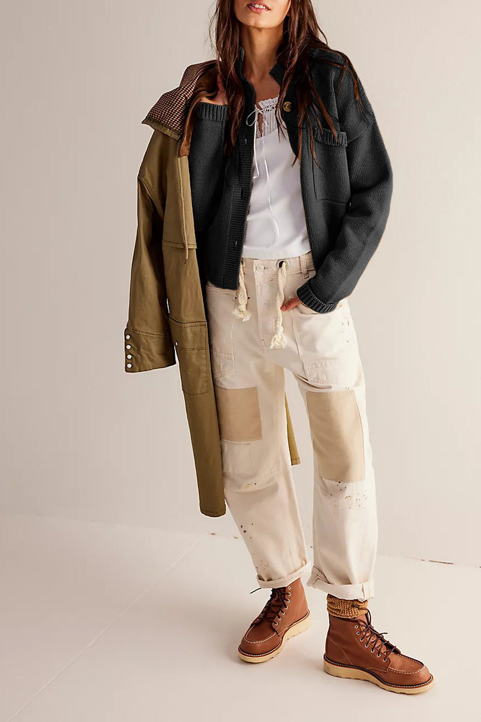 Women's Knitted Coat with Stand Collar – Solid Color Cardigan Sweater