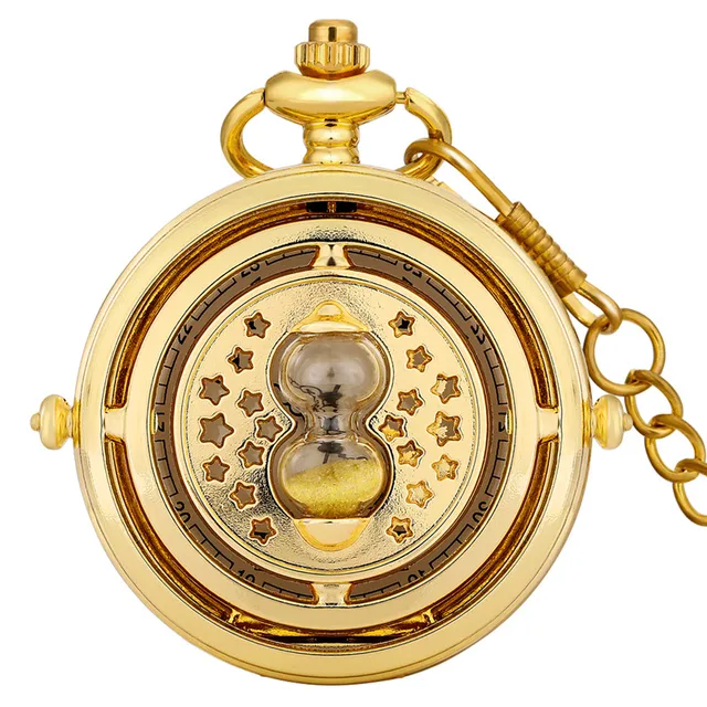 Luxury Golden Color Sandglass Design Unisex Quartz Analog Pocket Watch Fob Chain Arabic Number Timepiece Reloj De Bolsillo