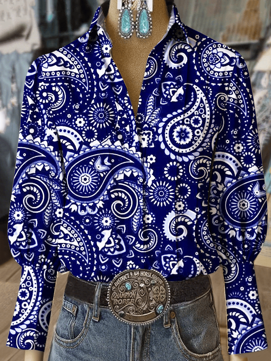 Women's Western Vintage Paisley Floral Print Long Sleeve Shirt