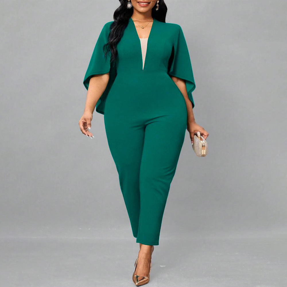 Plus Size Sexy Solid Color Bat Cloak Sexy V Neck Jumpsuit