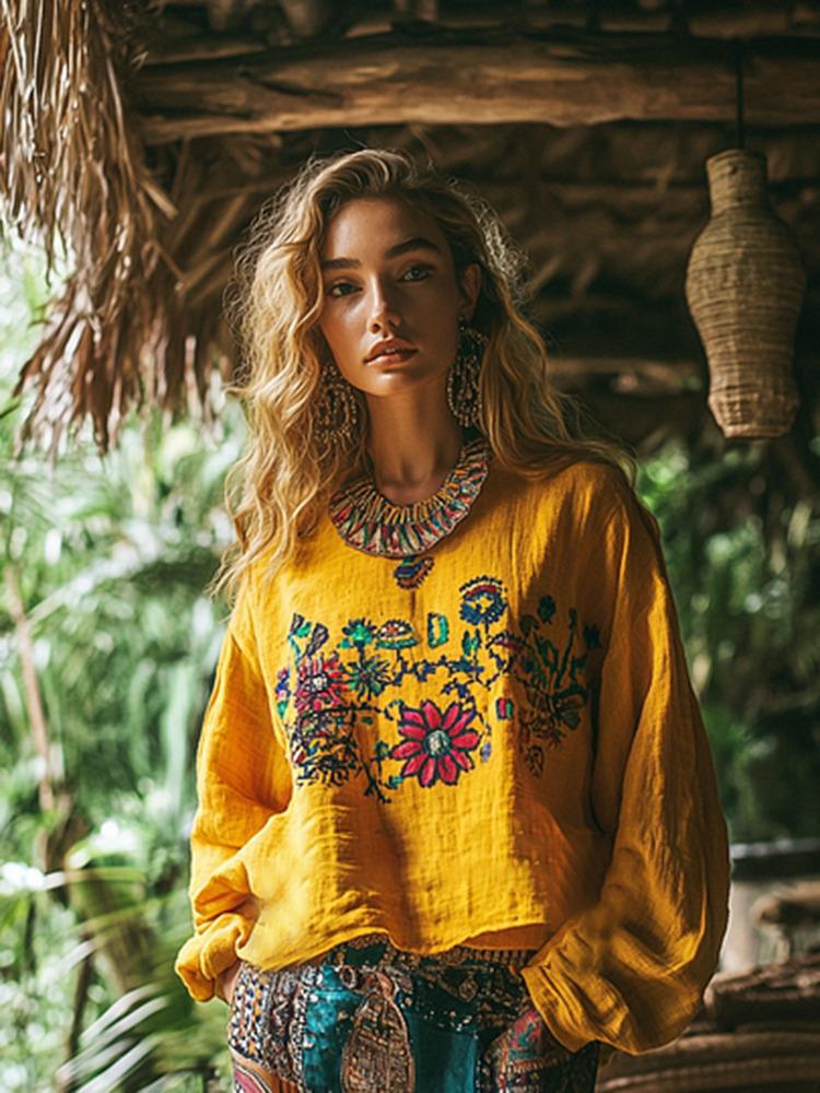 Retro Bohemian Floral Art Embroidery Print Cotton And Linen Blend Loose Blouse