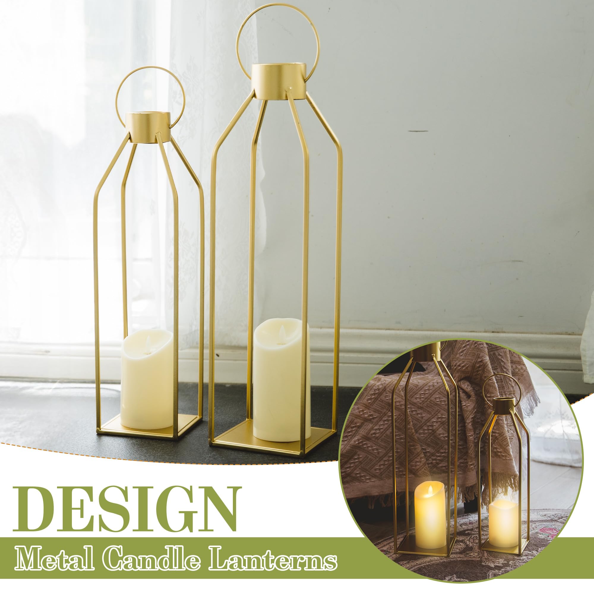 🔥22'' 19'' Large Metal Candle Lanterns with Timer Flickering Candles - Set of 2