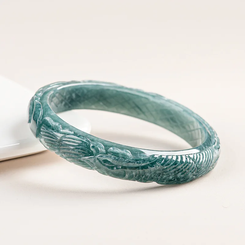 Natural A-grade Jade Blue Water Circle Stereoscopic Carved Phoenix Safety Bracelet Ice Jadeite Bangle Children's Gifts Jewelry