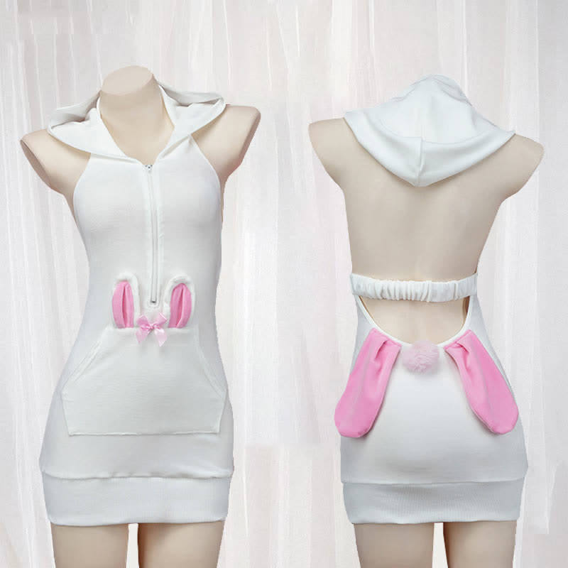 Cartoon Bunny Ears Zipper Backless Lingerie Dress