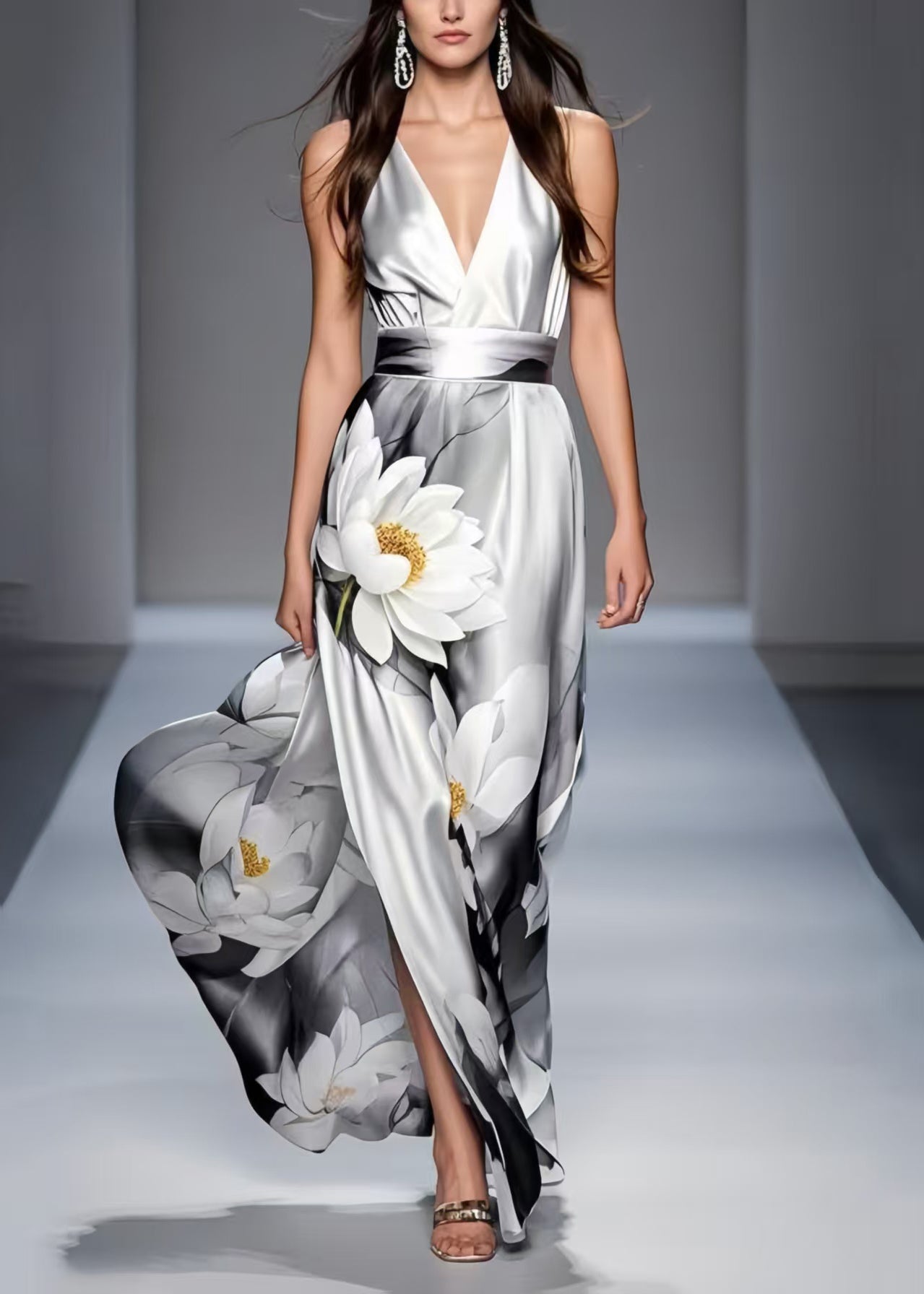 Grey Tie Dye Draping Silk Party Dresses Flower Print Summer