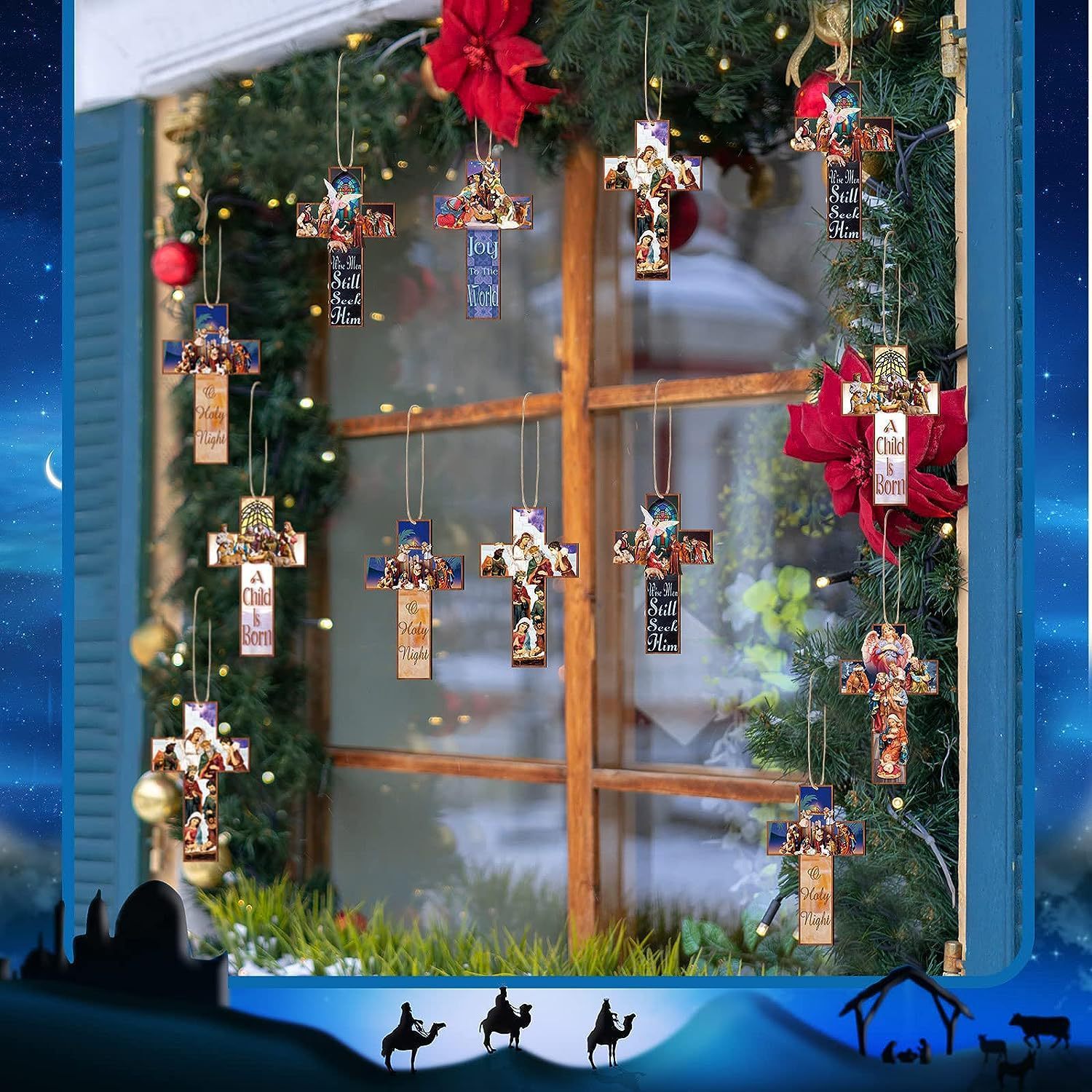 🔥ON SALE🔥Holy Night Nativity Hanging Wooden Cross Ornaments
