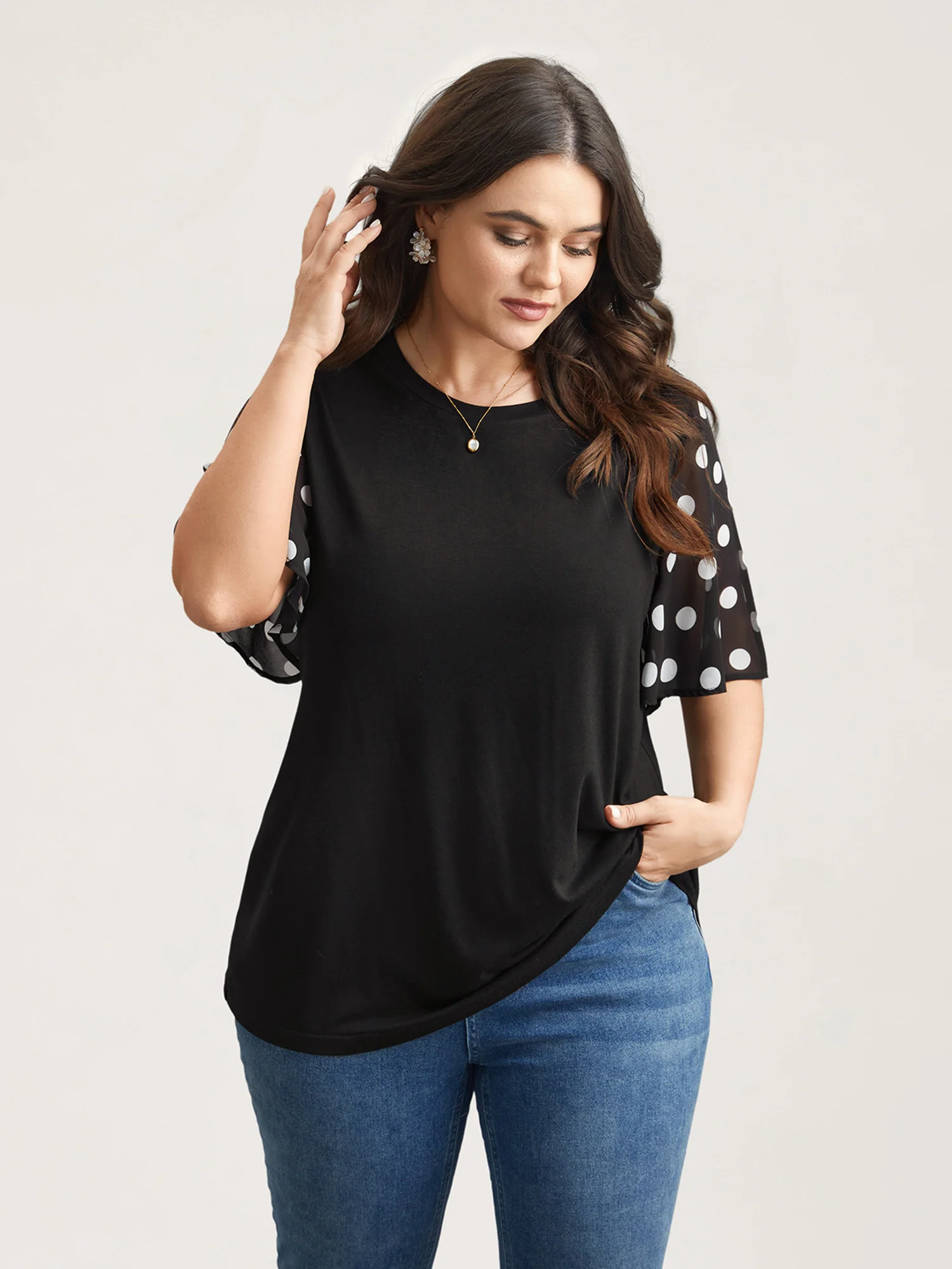 Stretchy Sheer Dot Sleeve Textured T-Shirt