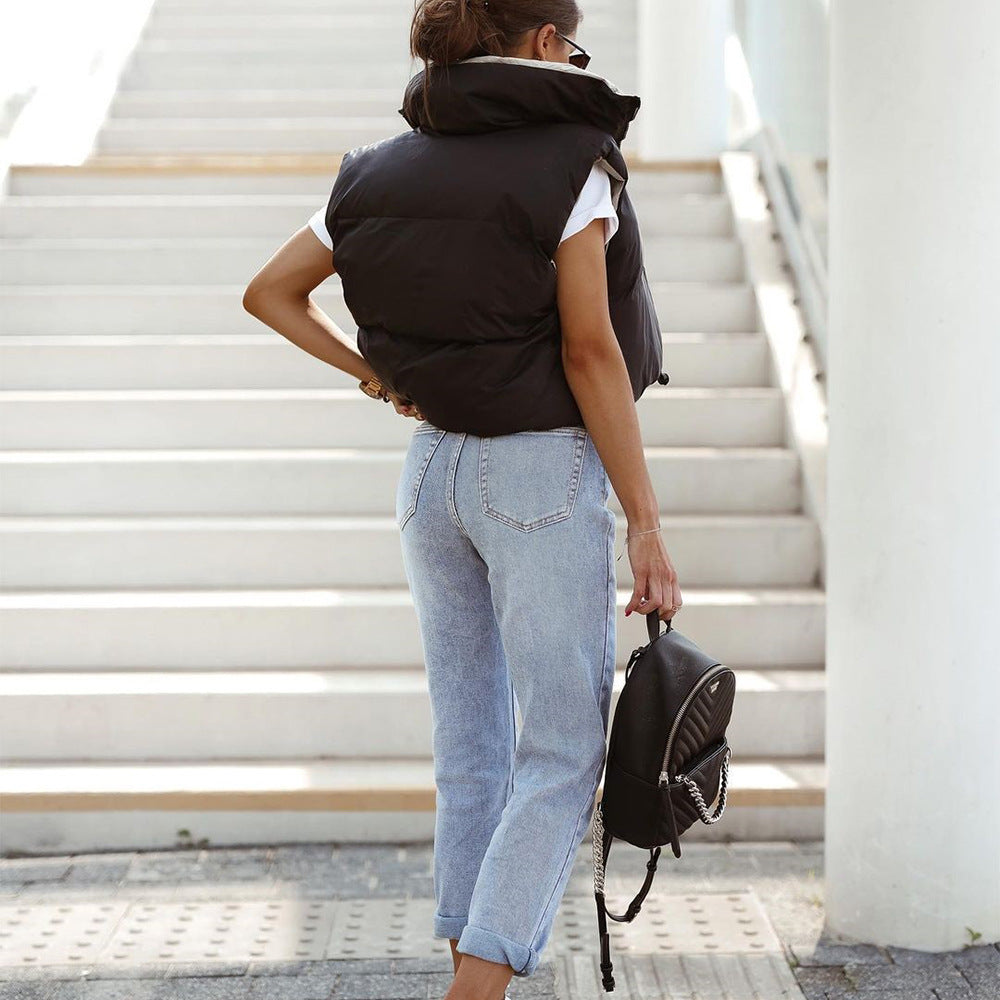 Women Vest Winter Double-Sided Cotton-Padded Jacket Stand Collar Zipper Sleeveless Short Shipment Coat
