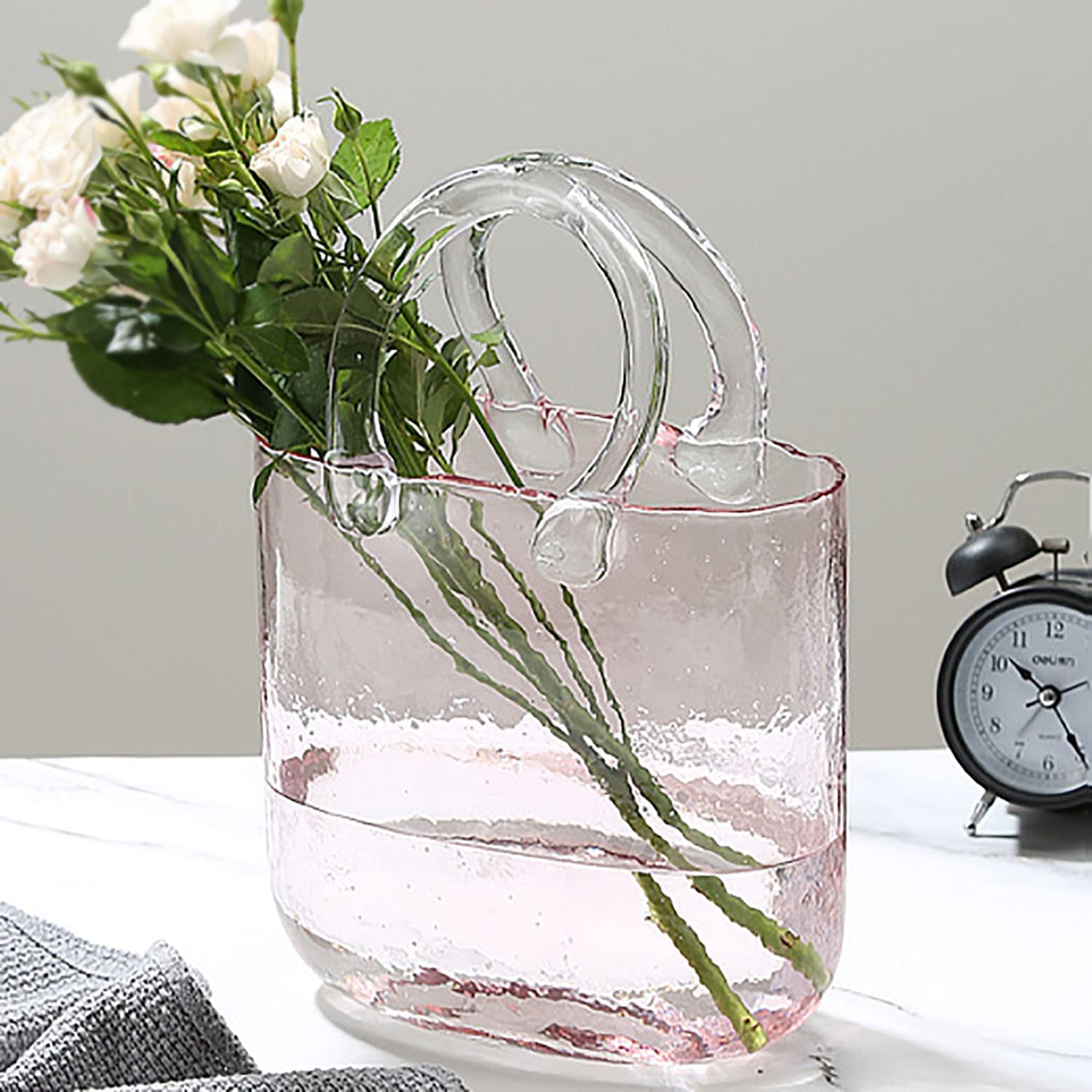 Glass Purse Vases for Flowers,Hand Blown Pink Vase with Bubbles in It