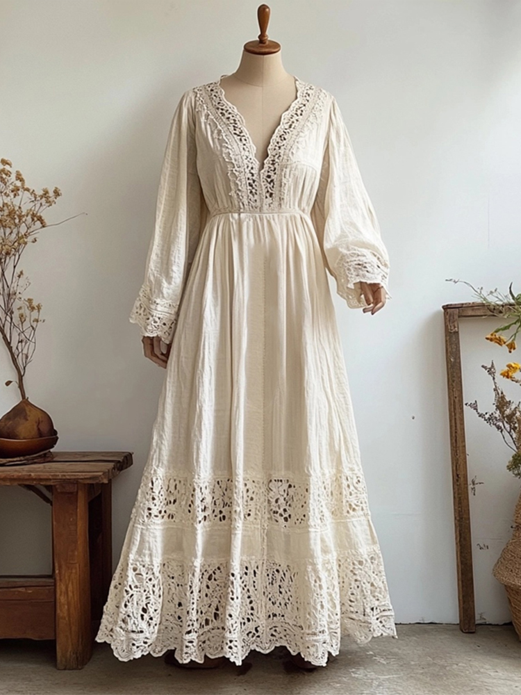 Vintage Hollow Floral Lace Patchwork Flowy Linen Maxi Dress
