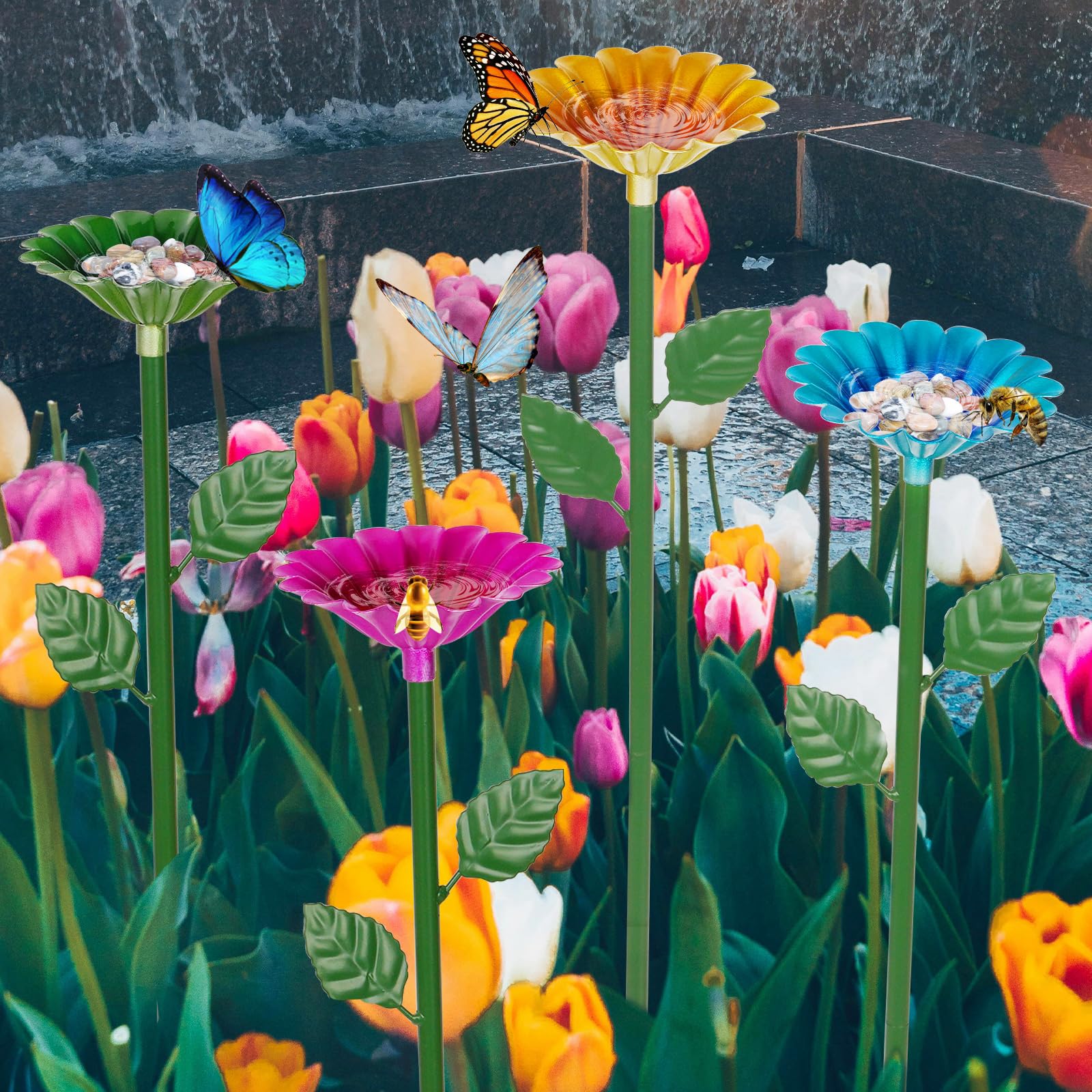 Bee Watering Station, Bee Cups for Garden Metal Bee Water Feeder with Flower Design