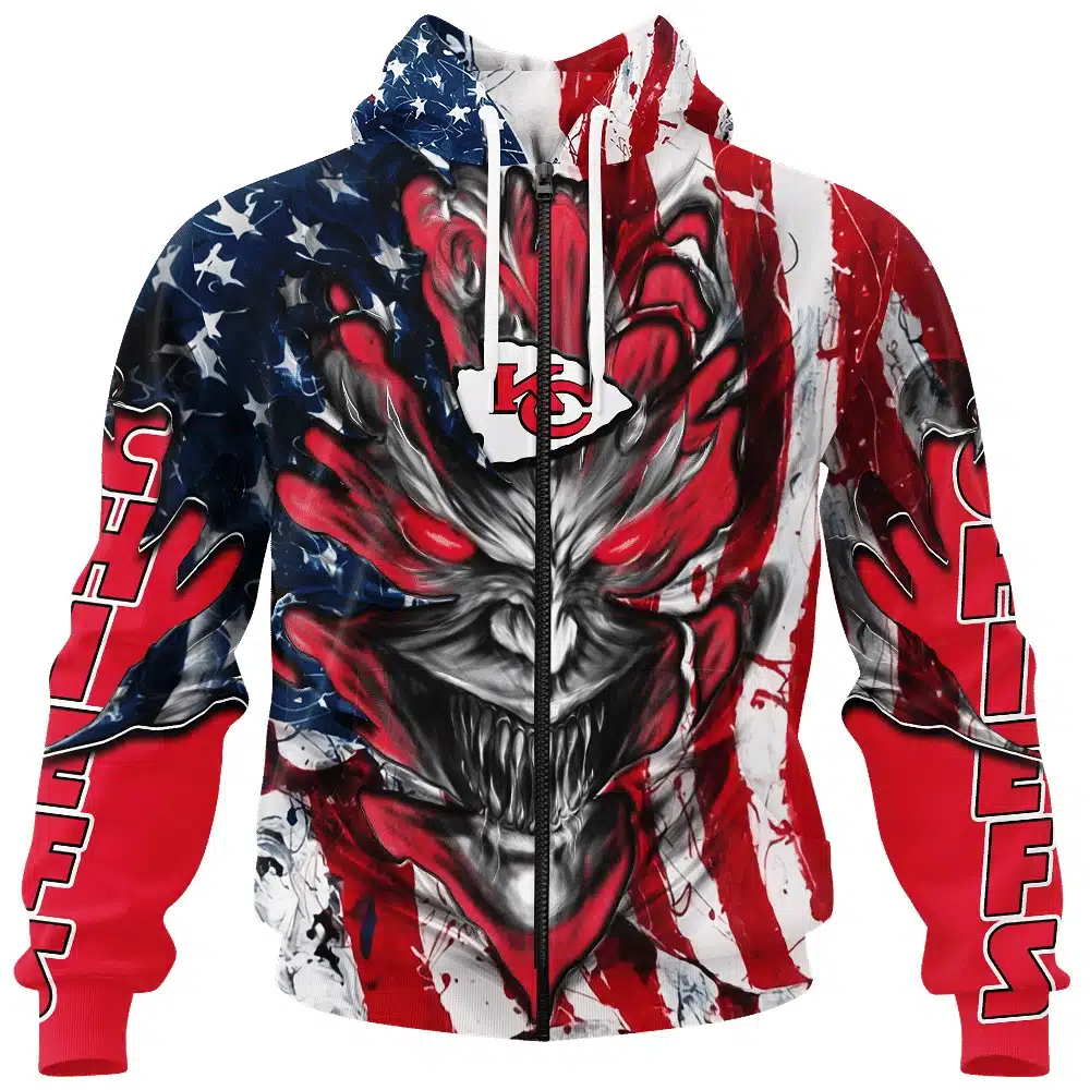 KANSAS CITY CHIEFS DEMON FACE AMERICAN FLAG-3D UNISEX HOODIE