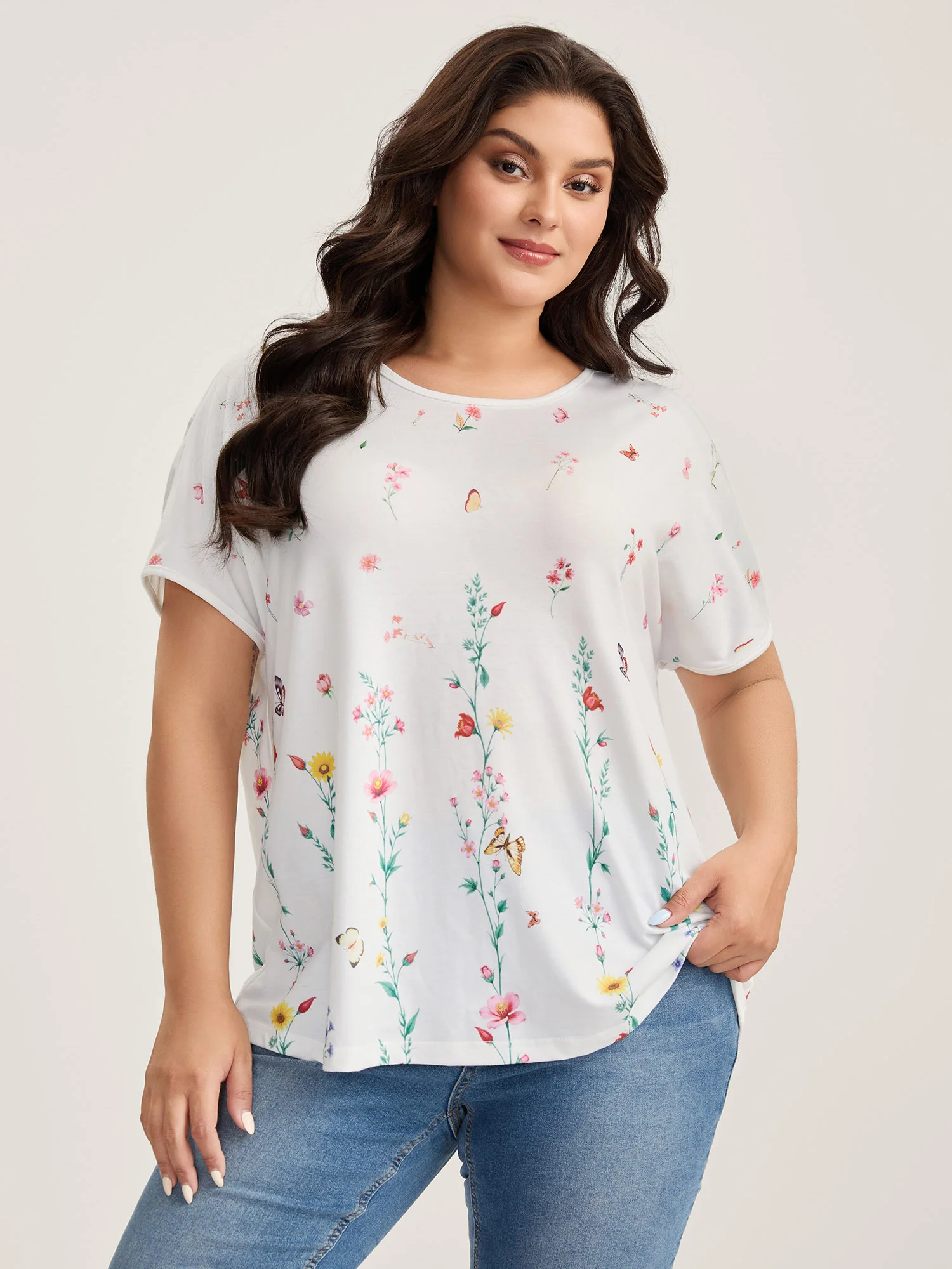 Stretchy Floral Print Round Neck T-Shirt
